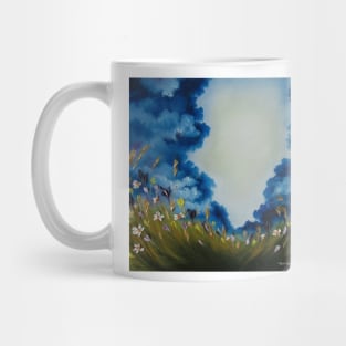 Skyscape, clouds art, flowers artwork, field of wild flowers print, nature landscape, sky of clouds, country decor, flowers decor Mug